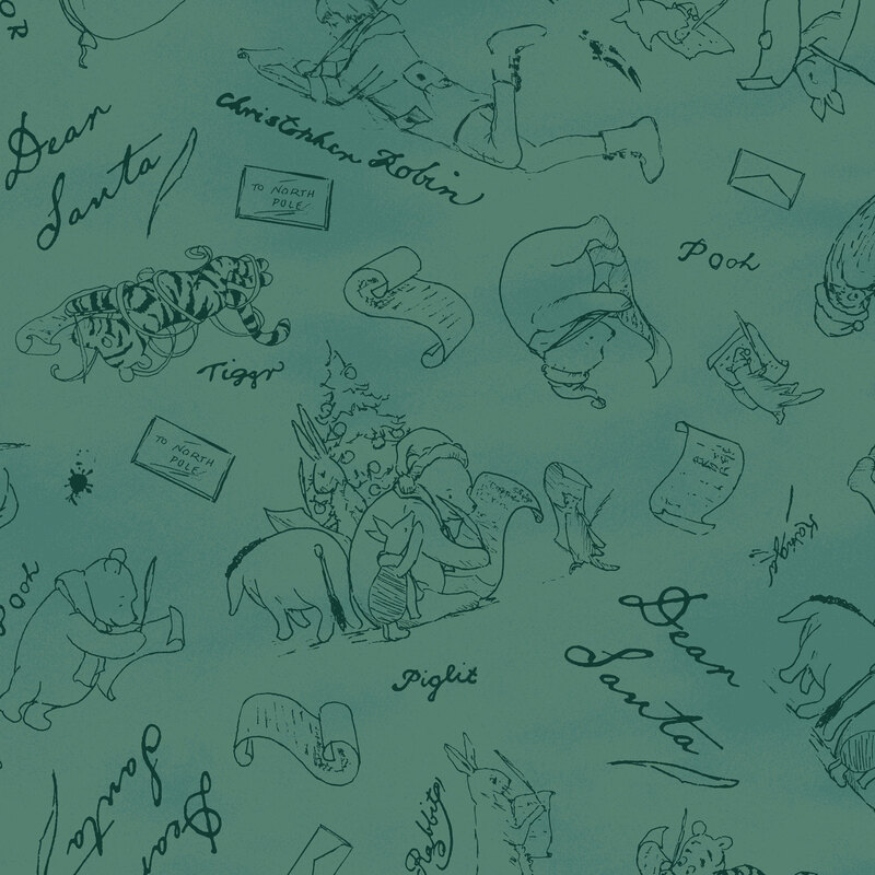 Minky evergreen fabric featuring stylized black outlines of Winnie the Pooh, Christopher Robin, Piglet, Tigger, and others writing letters to Santa.