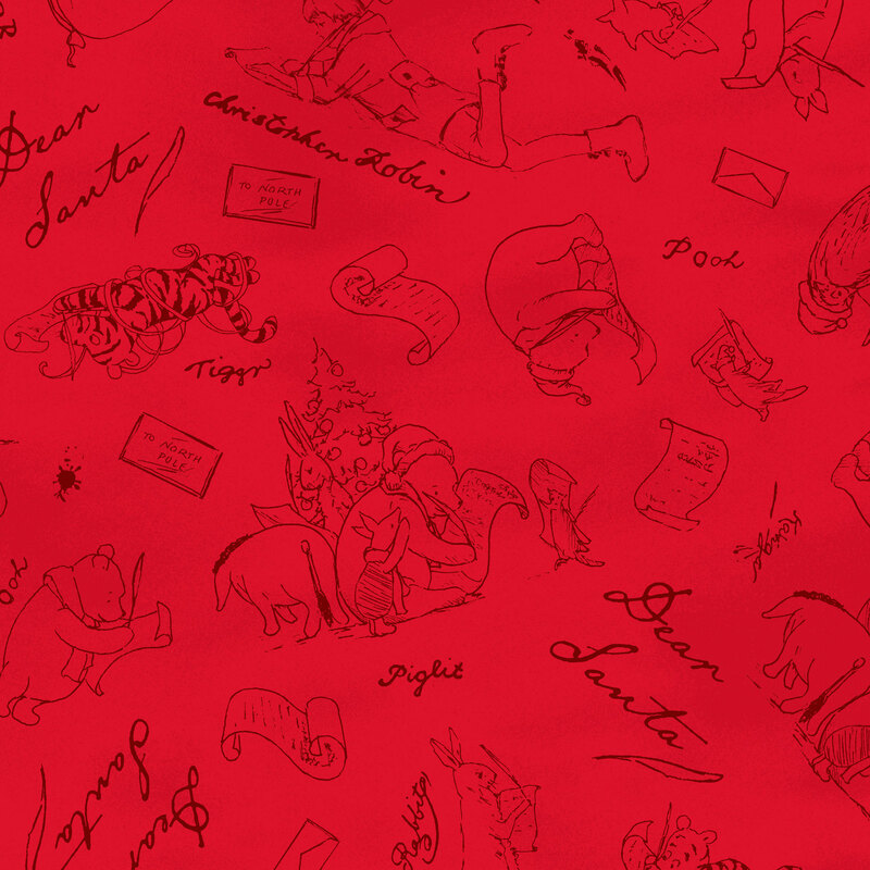 Minky bright red fabric featuring stylized black outlines of Winnie the Pooh, Christopher Robin, Piglet, Tigger, and others writing letters to Santa.