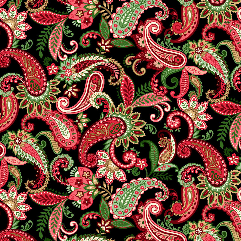 Black fabric with a stylized paisley design with leaves and florals.