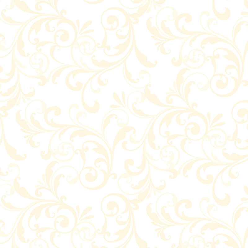 White on white fabric with a tonal filigree pattern.