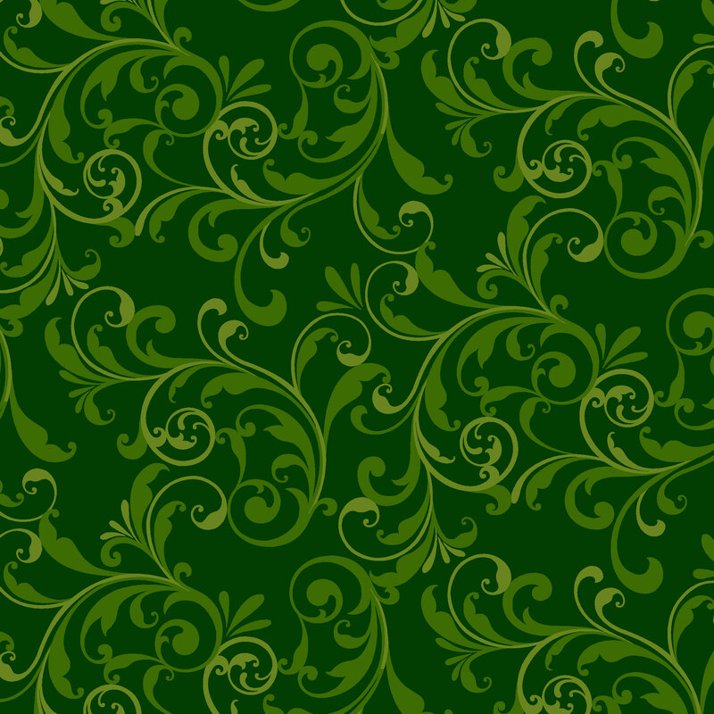 Green fabric with a tonal filigree pattern.