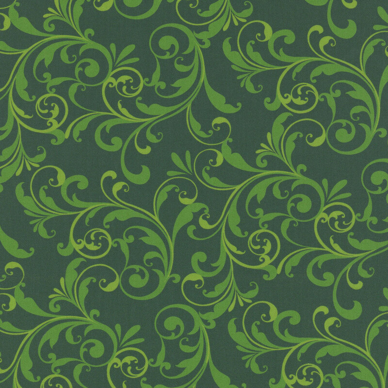 Green fabric with a tonal filigree pattern.