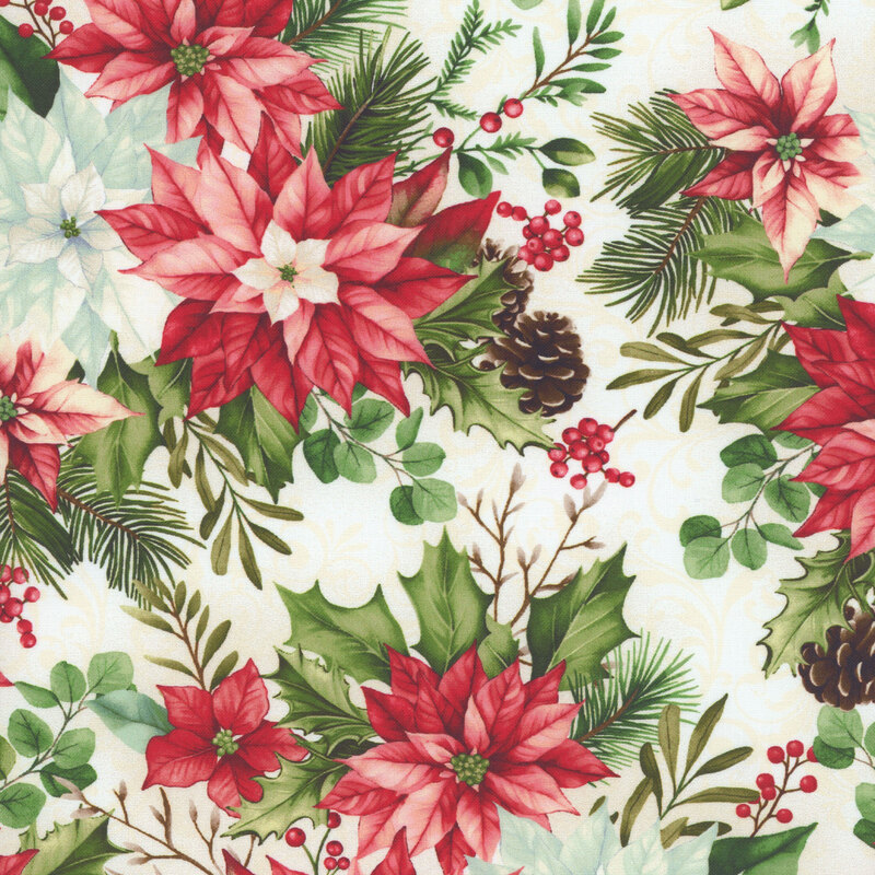 White fabric with a pattern of large poinsettias, pinecones, winterberries, and pine leaves.