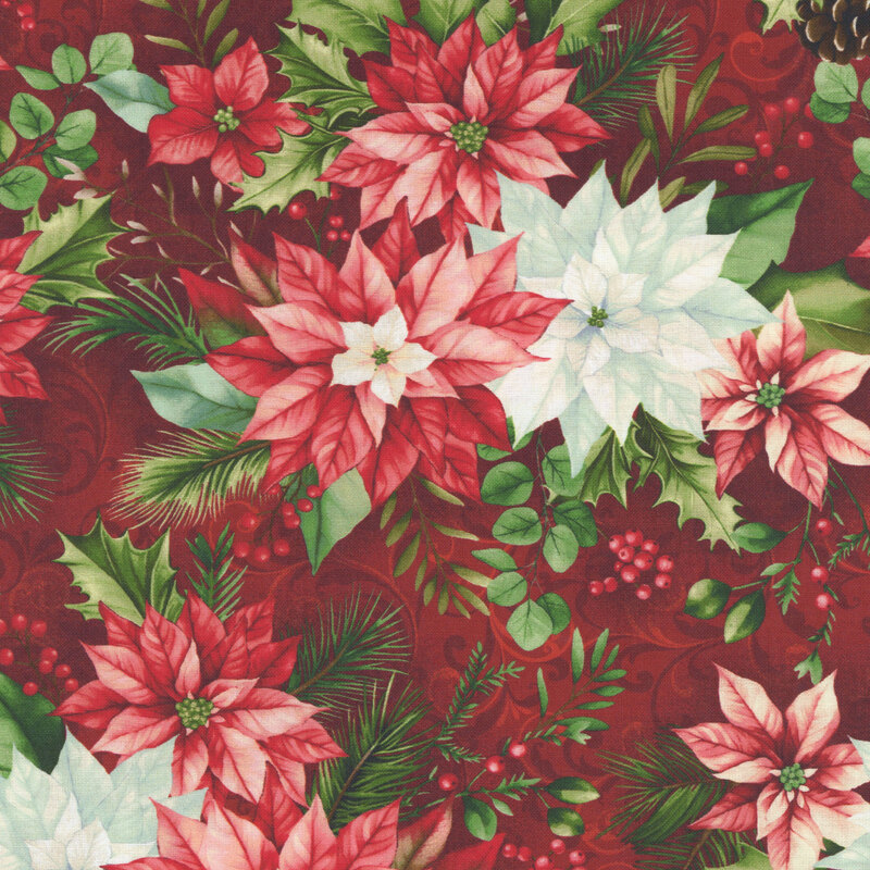 Mottled red fabric with a pattern of large poinsettias, pinecones, winterberries, and pine leaves.