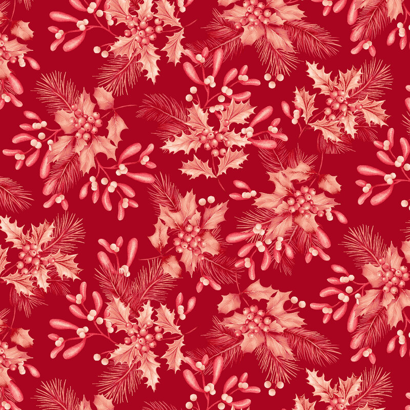 Red fabric with clusters of holly, pine, and mistletoe leaves in its pattern.