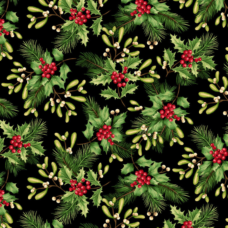 Black fabric with clusters of holly, pine, and mistletoe leaves in its pattern.