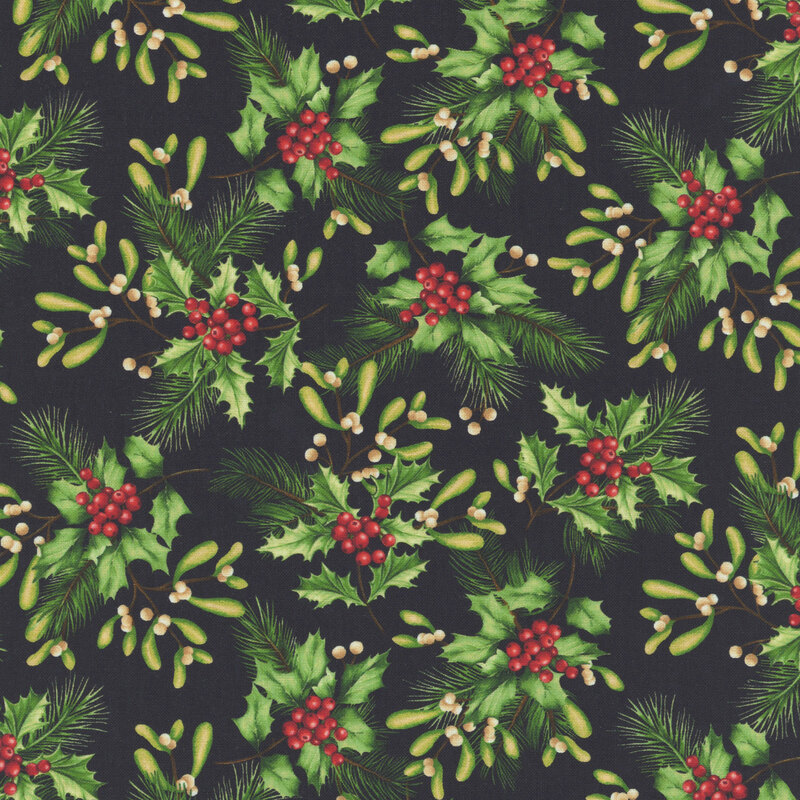 Black fabric with clusters of holly, pine, and mistletoe leaves in its pattern.