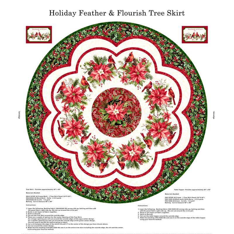 Tree skirt panel with a large floral pattern with poinsettias, holly, pine, cardinals and swirls.