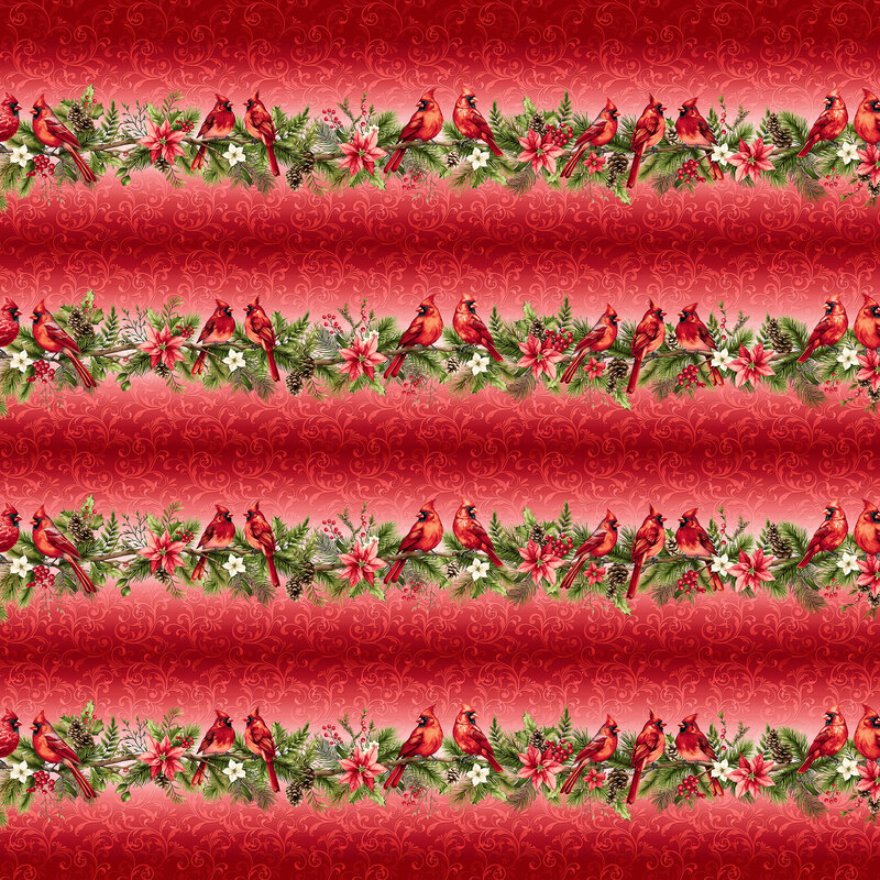 Red border print with Christmas stripes of pine branches, cardinals, poinsettias, and swirling accents.