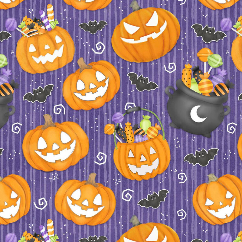 A textured purple fabric with smiling pumpkins, bats, and caldrons full of candy. 