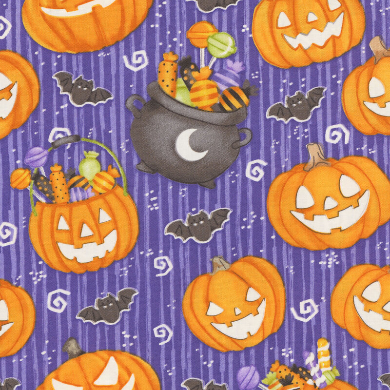 A textured purple fabric with smiling pumpkins, bats, and caldrons full of candy. 