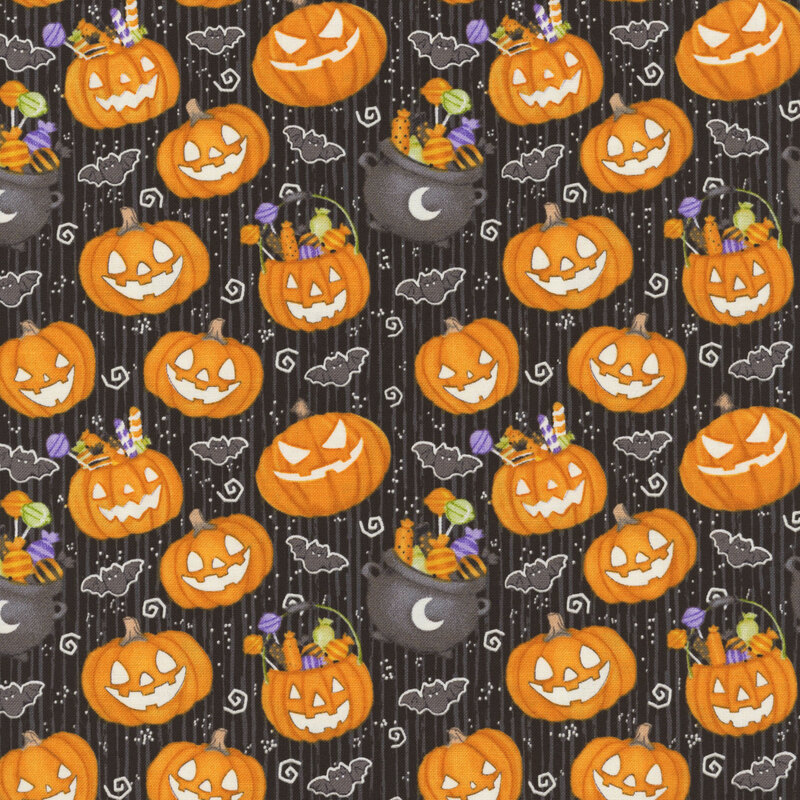 A textured black fabric with smiling pumpkins, bats, and caldrons full of candy. 