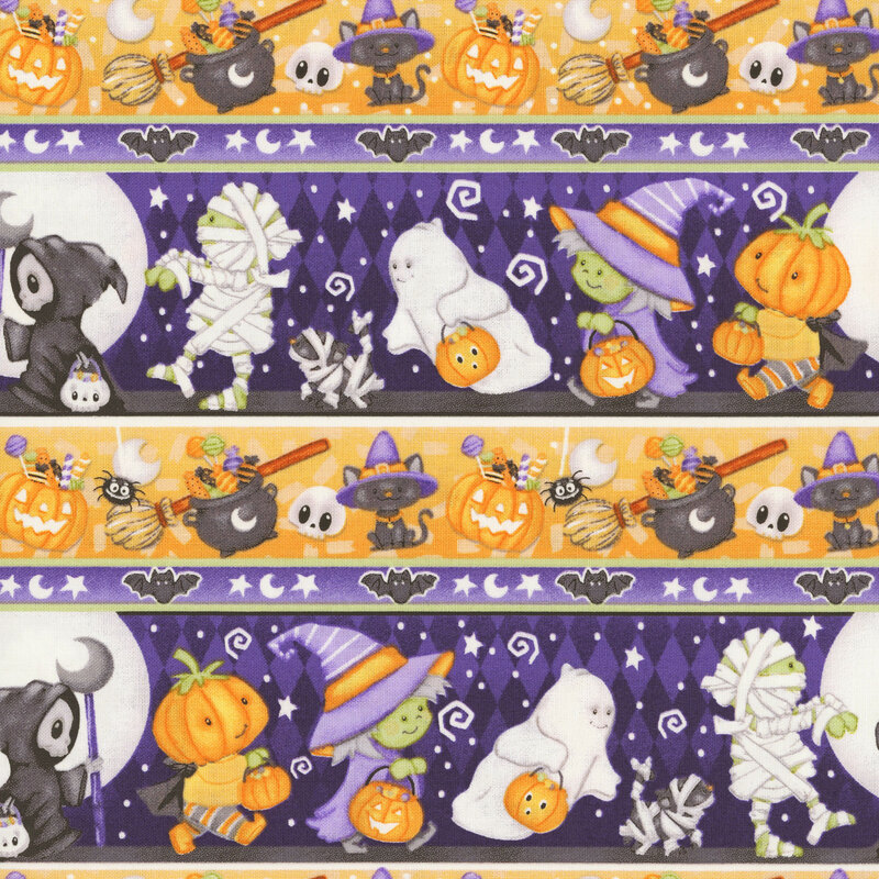 A multi-color border stripe fabric filled with mummies, ghosts, witches, grim reapers, pumpkins, black cats, bats, and caldrons full of candy.