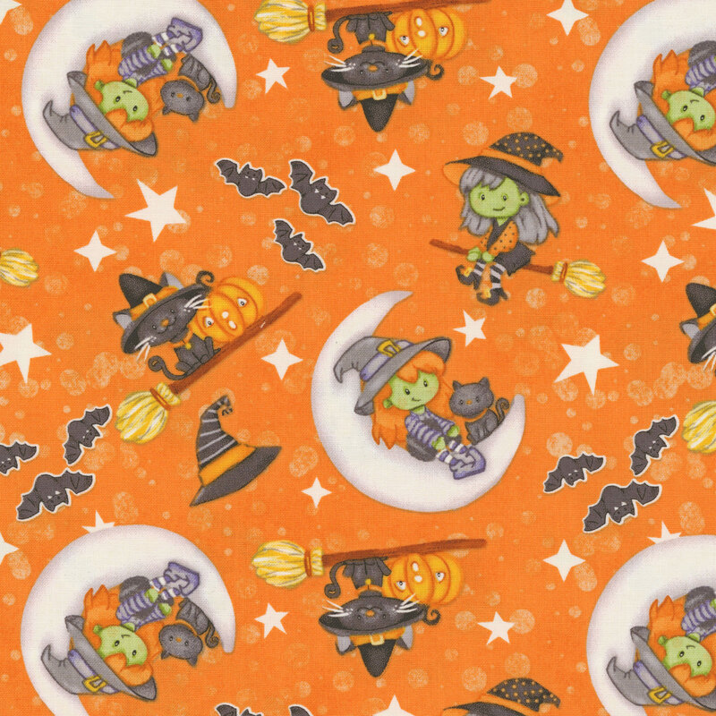 An orange fabric with halloween witches, bats, and black cats on brooms.