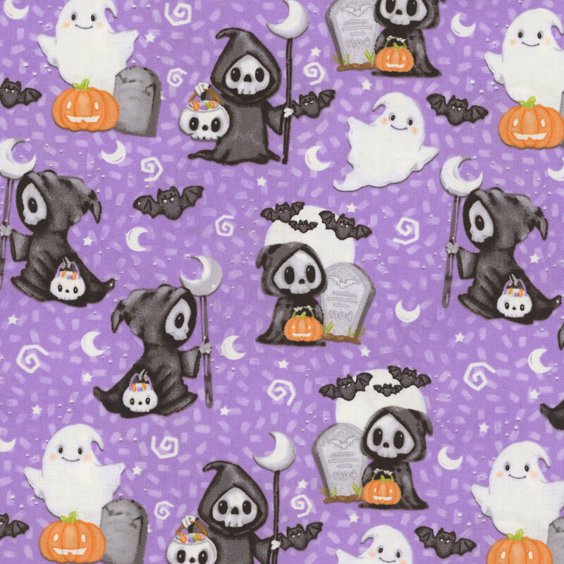 A textured light purple fabric with ghosts, grim reapers, bats, pumpkins, and headstones. 