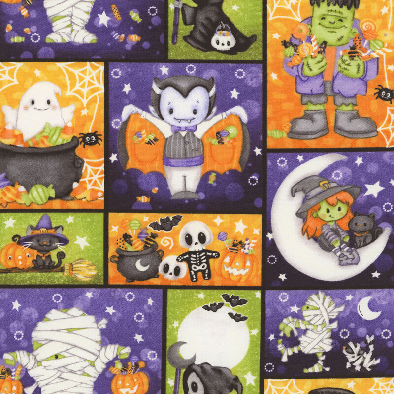 A multi-colored fabric with mummies, ghosts, witches, pumpkins, black cats, bats, and caldrons full of candy.