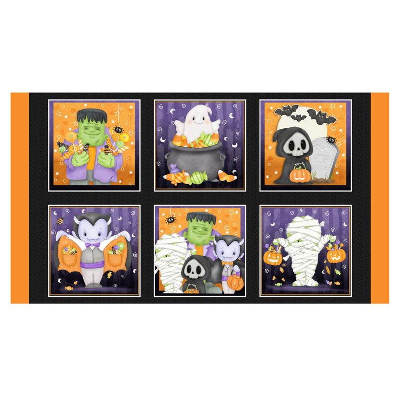 A multi-colored panel with mummies, vampires, frankenstein, ghosts, grim reapers, pumpkins, bats, and caldrons full of candy.