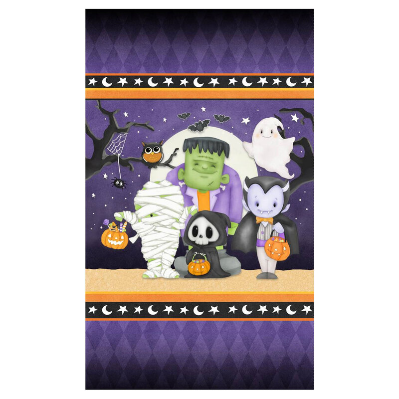 A dark purple panel featuring a group of trick or treating ghouls including a mummy, vampire, frankenstein, ghost, and the grim reaper.