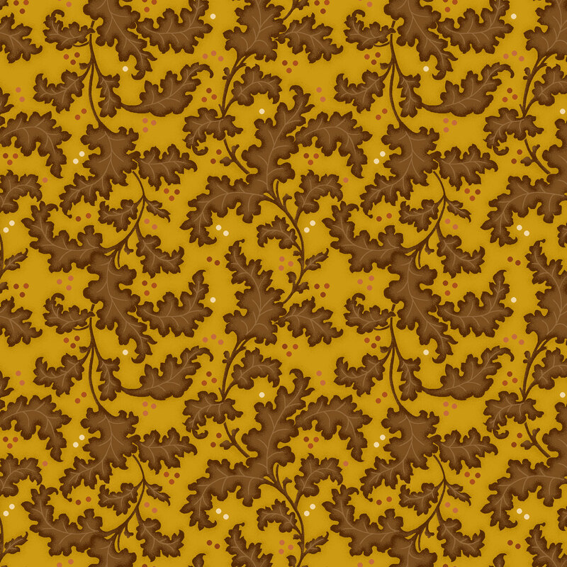 stylized wavy leaf oak leaves and vines with tossed clusters of brown, tan, and cream dots on a mottled yellow orange background.