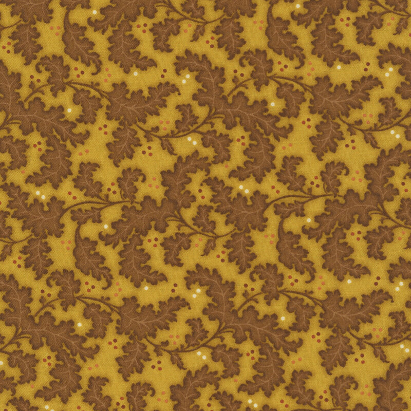 stylized wavy leaf oak leaves and vines with tossed clusters of brown, tan, and cream dots on a mottled yellow orange background.