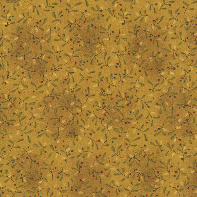 mottled bronze fabric featuring leafy sprigs with red and indigo star flowers