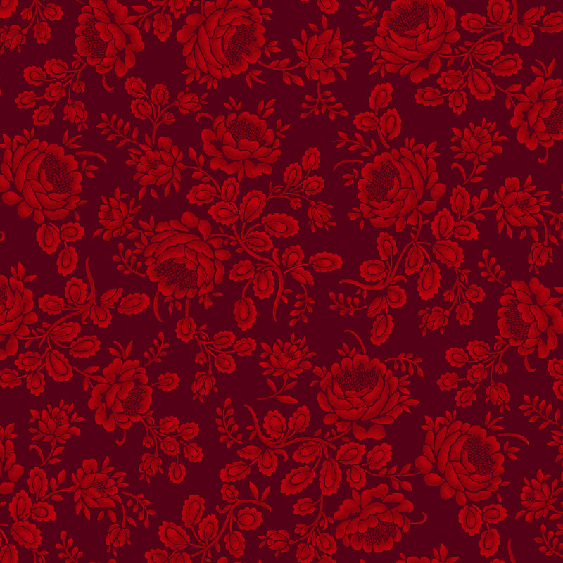 tonal deep red fabric featuring shabby and pretty rose and leaf arrangements