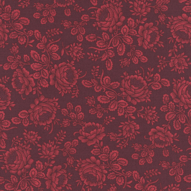 tonal deep red fabric featuring shabby and pretty rose and leaf arrangements