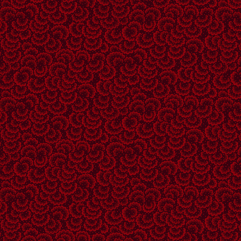 overlapping scalloped shells in wine red and small pin dots on deep red fabric