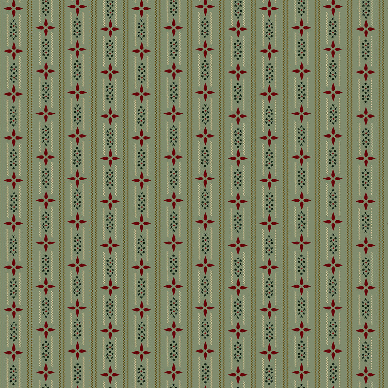 dark sage fabric featuring stripes of olive green, clusters of stars, and red floral designs.