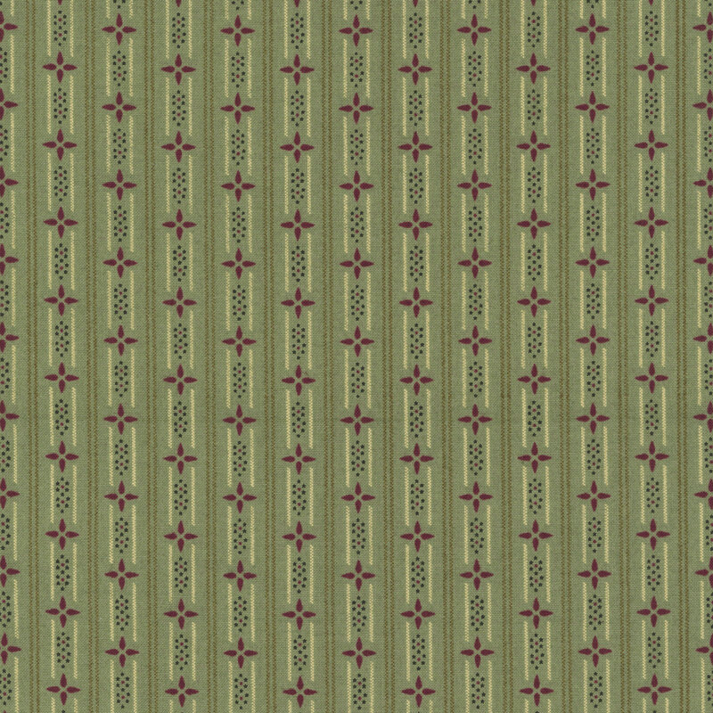 dark sage fabric featuring stripes of olive green, clusters of stars, and red floral designs.