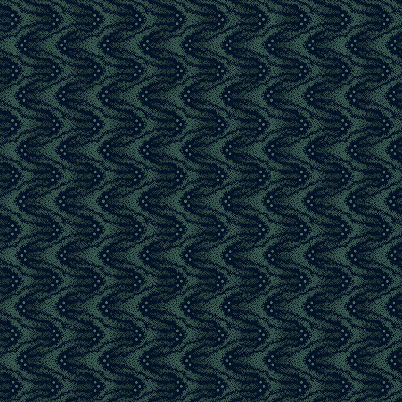 mottled dark teal fabric featuring wavy textured lines with a cluster of three pin dots at the pinnacle of each wave