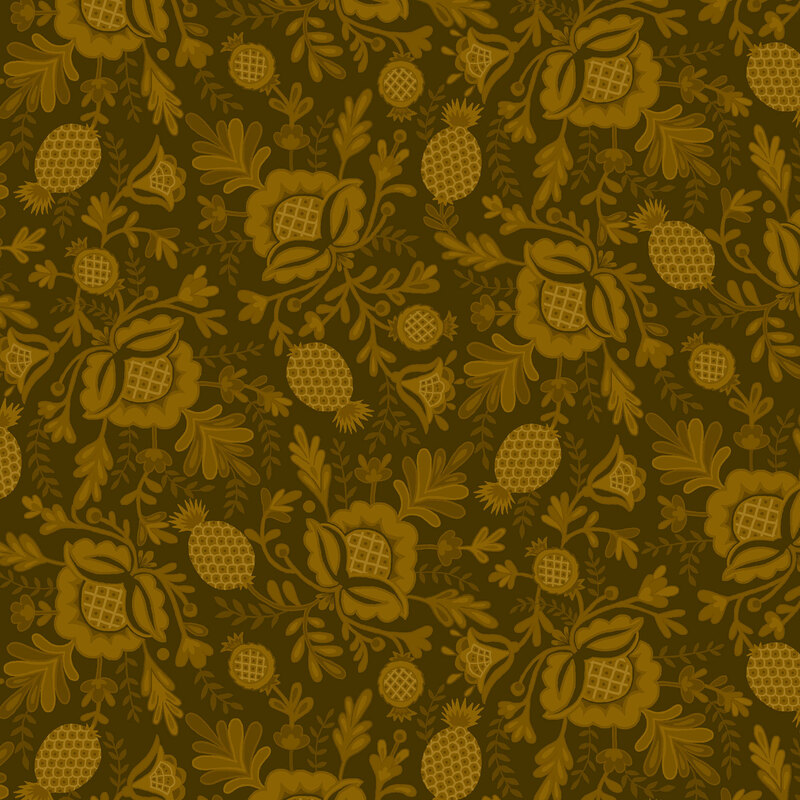 Dark bronze fabric featuring a shabby and pretty design of growing pineapple plants.