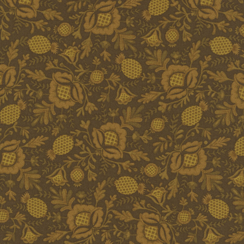 Dark bronze fabric featuring a shabby and pretty design of growing pineapple plants.