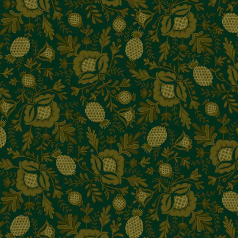 Hunter green fabric featuring a shabby and pretty design of growing pineapple plants.