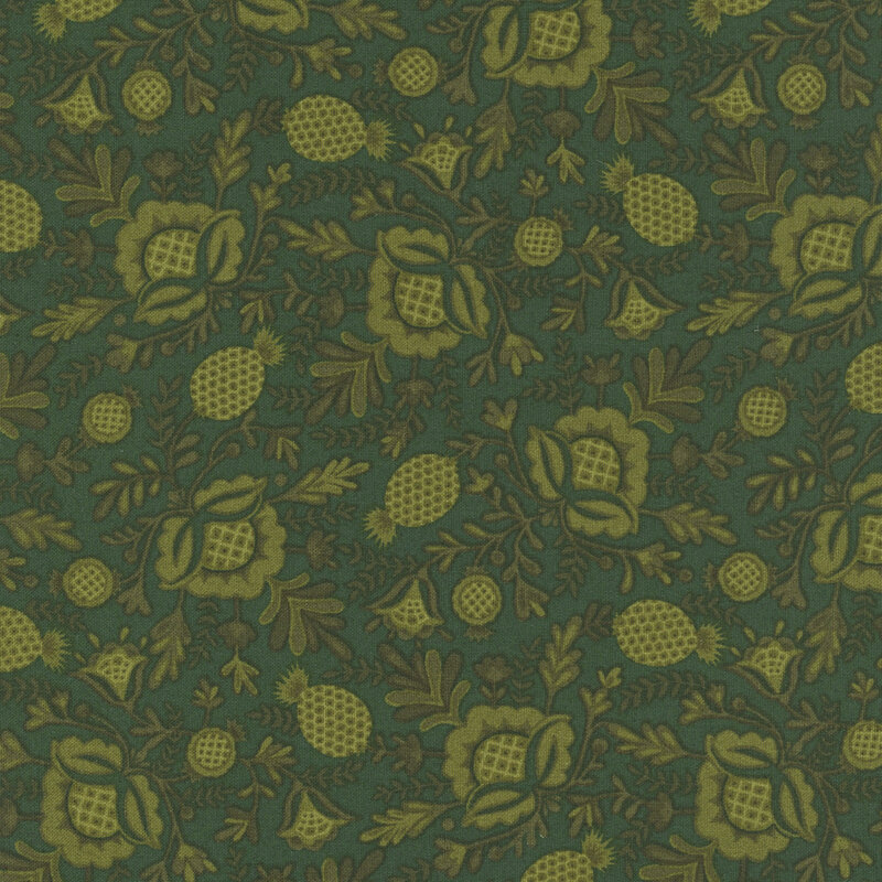Hunter green fabric featuring a shabby and pretty design of growing pineapple plants.