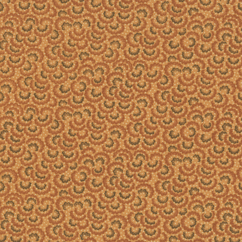 overlapping scalloped shells in brown and green with small cream pin dots on dark gold fabric