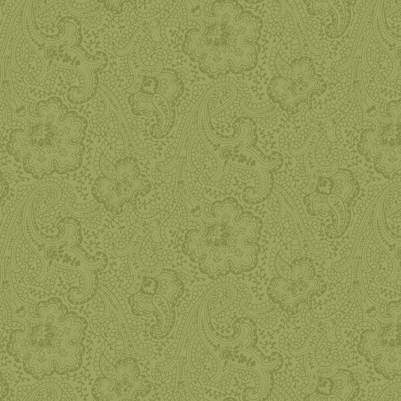 Tonal sage green fabric featuring a floral and leaf paisley design.