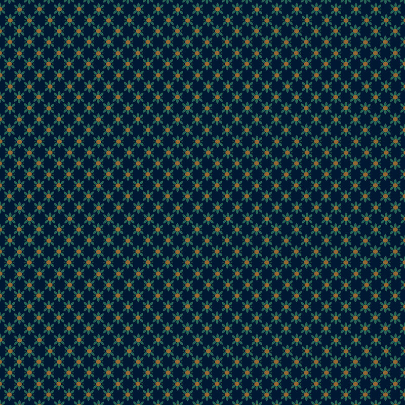 Indigo blue fabric featuring diagonal rows of teal flowers with bronze centers