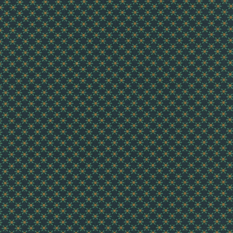 Indigo blue fabric featuring diagonal rows of teal flowers with bronze centers