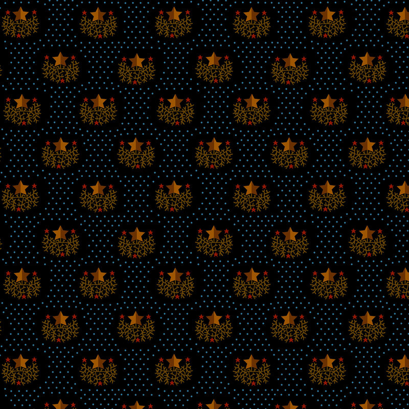 pitch black fabric featuring diagonal rows of small branchy clusters topped with bronze and red stars on a background of blue pin dots