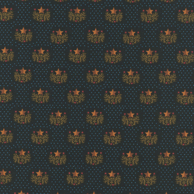 pitch black fabric featuring diagonal rows of small branchy clusters topped with bronze and red stars on a background of blue pin dots