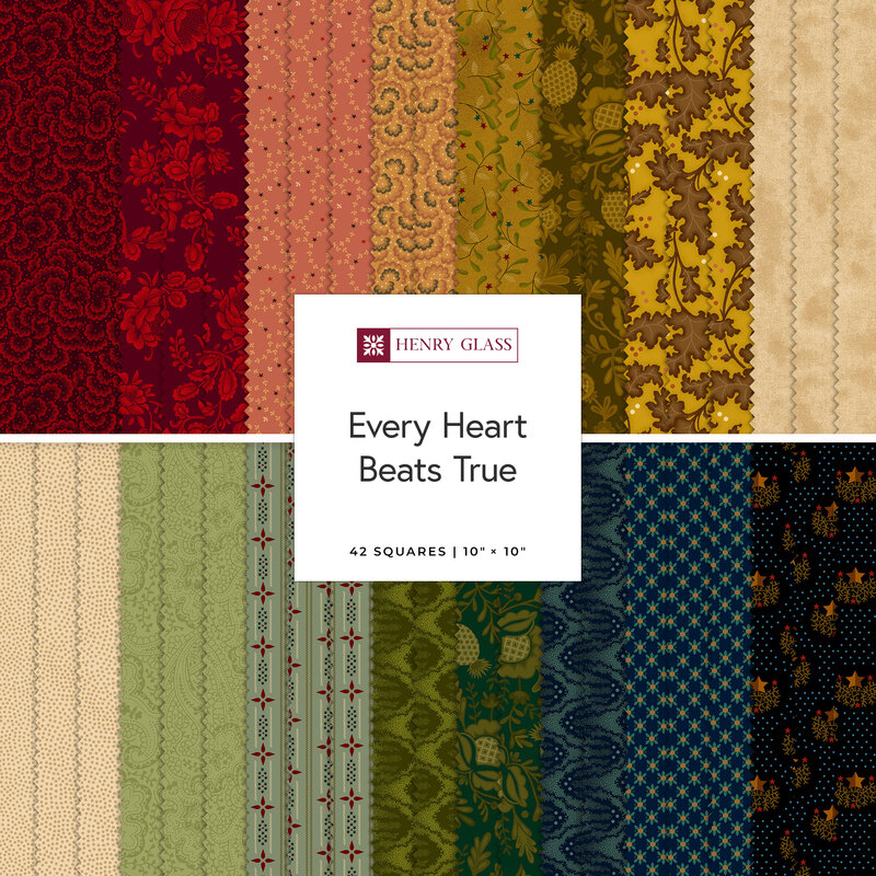Two rows of patterned fabric swatches in red, indigos, and golden tans featuring primitive patterns, labeled Every Heart Beats True by Henry Glass