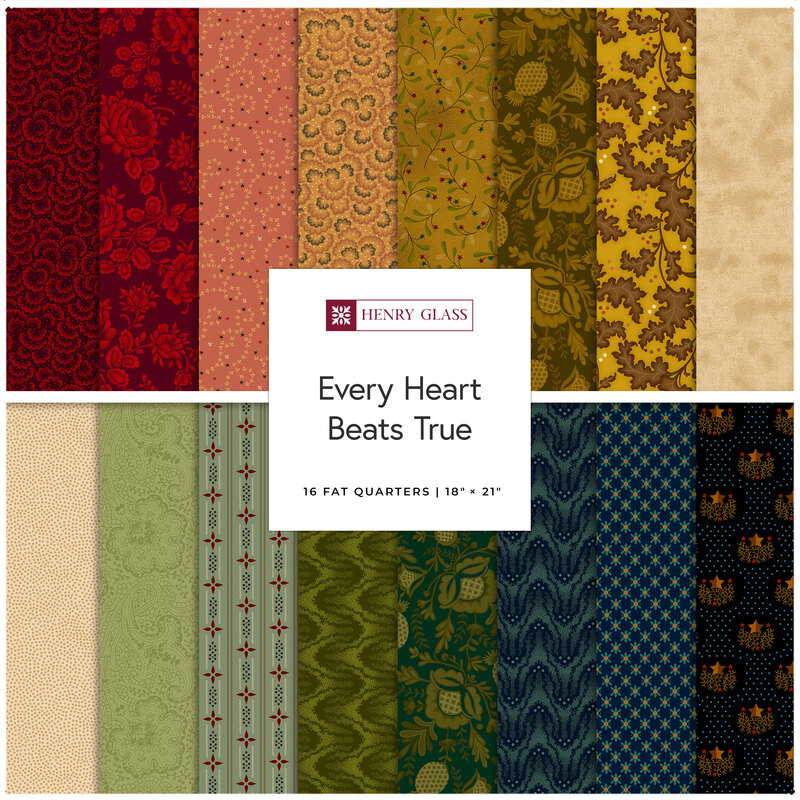 A collage of fabrics included in the Every Heart Beats True collection with reds, indigos, and golden tans with a primitive Americana theme.