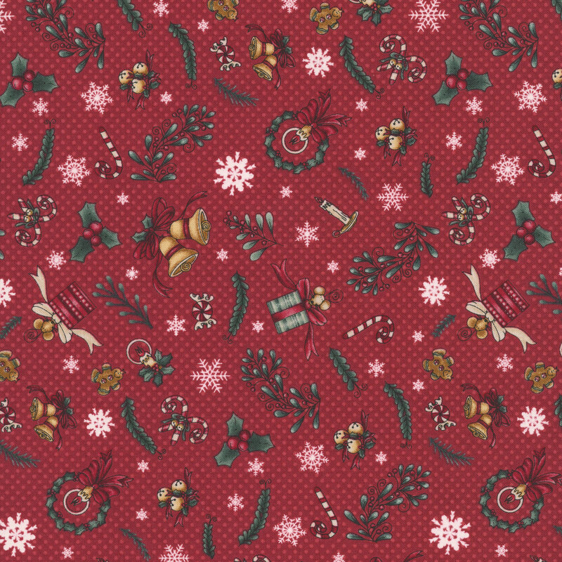 Cranberry red dotted fabric featuring sprigs of holly, snowflakes, presents, bells, wreaths, and gingerbread cookies.