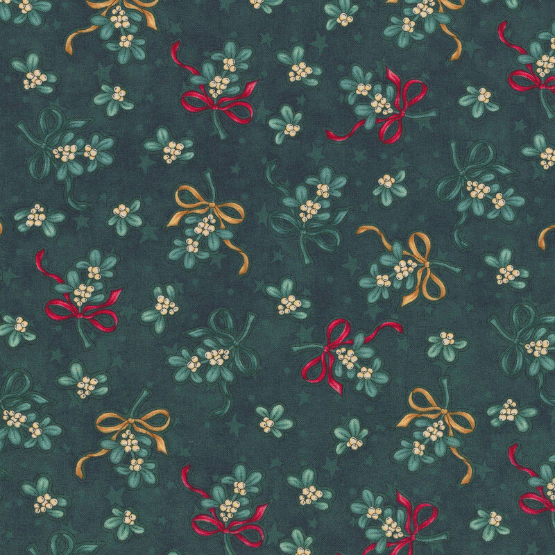 Dark teal fabric featuring sprigs of white holly adorned with red, yellow, and teal ribbons on a background of tonal stars.