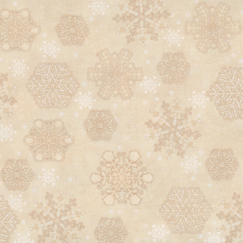 Mottled sand tan fabric featuring white and brown outlined ornamental snowflakes.