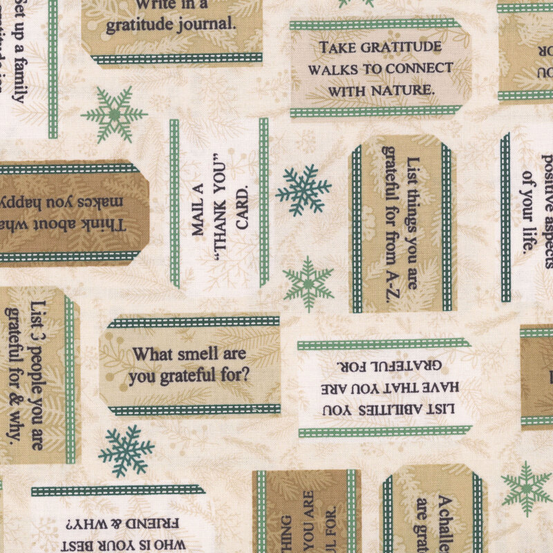 Messages of gratitude on stylized tags tossed with teal snowflakes on a mottled cream, holly sprig background.