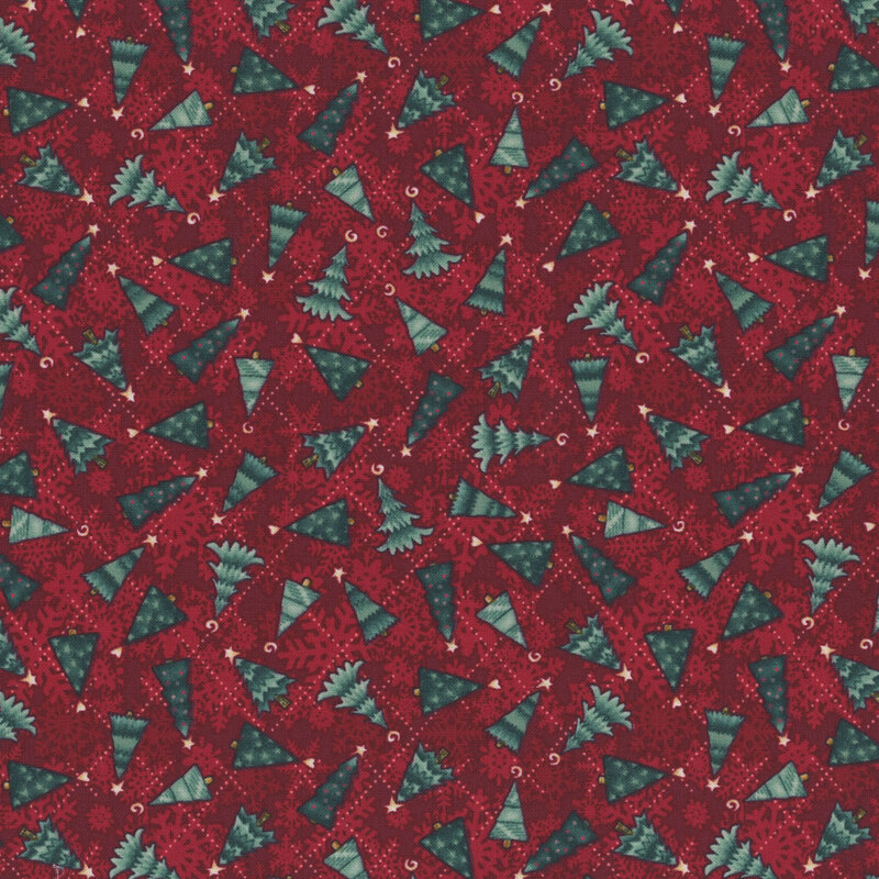 Dark cardinal red fabric featuring tossed decorated trees on a dotted argyle pattern with snowflakes in the background.