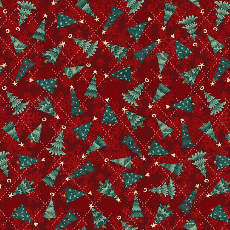 Cardinal red fabric featuring tossed decorated trees on a dotted argyle pattern with snowflakes in the background.