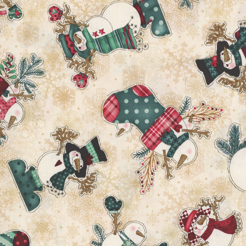 Jolly snowman and stockings tossed on a snowflake and mottled cream background.